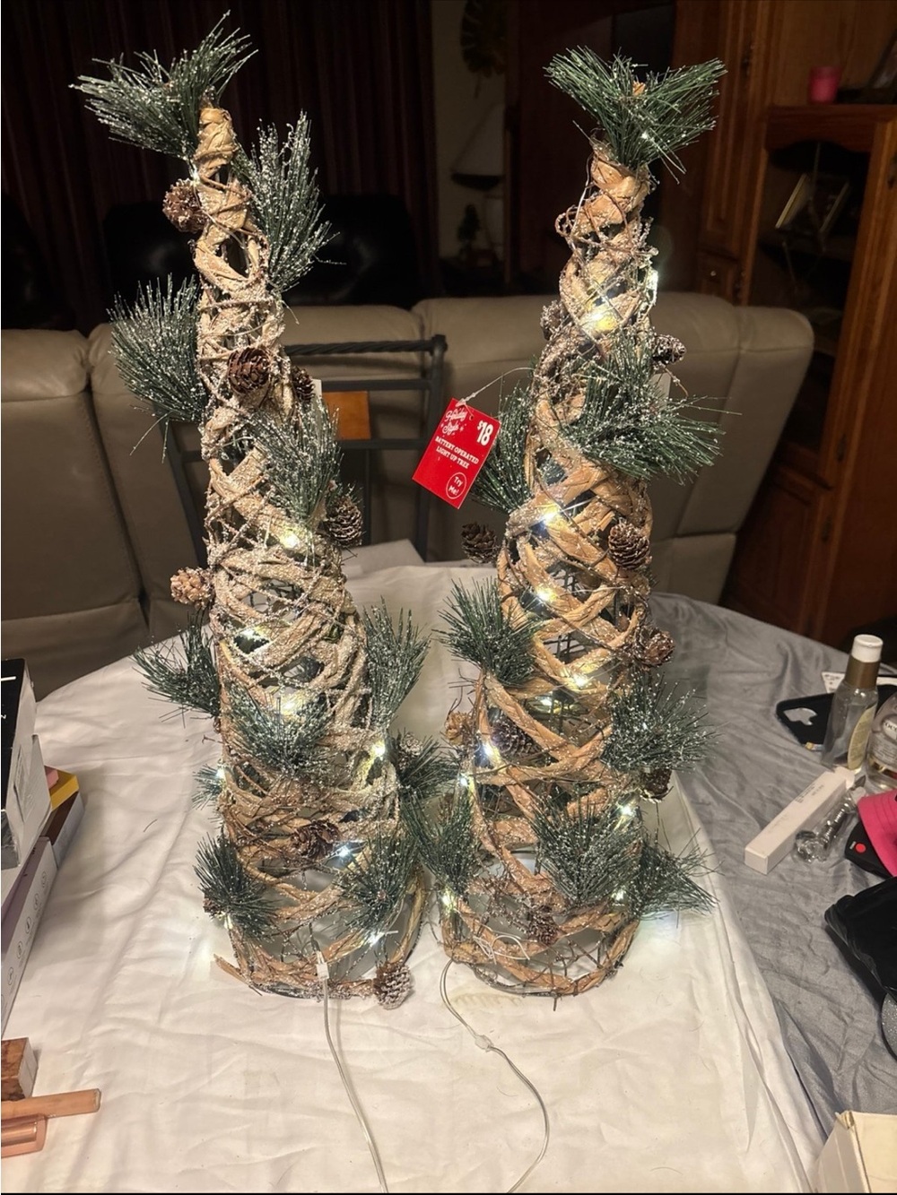 Rustic Pine Cone Spiral Holiday Tree Pair - Green and Brown